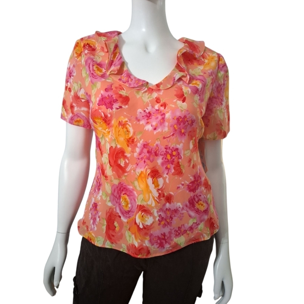 Danny & Nicole Blouse Size 14 Multi Color Flawer Short Sleeves Women Top